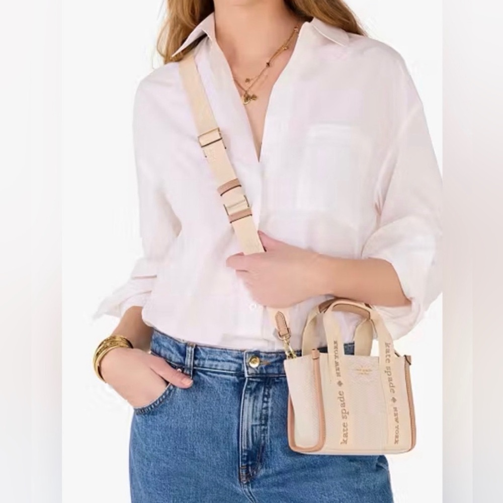 kate spade Kip Canvas Mini Tote crossbody handbag beige, removable strap, logo - Picture 5 of 13